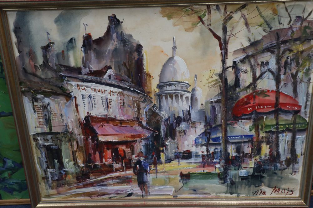 Modern British, oil on board, Figures in a park, Figures in a park, 75 x 91cm (paint flaking) and a Paris street art oil of Montmartre